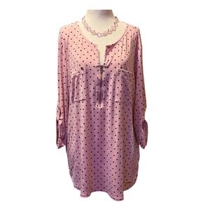Ellen Tracy Pink Polka Dot Quarter‎ Zip 3/4 Sleeve Tunic Top Women XL